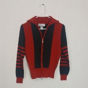"Make Offer" Red and Black Zip Up Sweater with Bold Stripes
